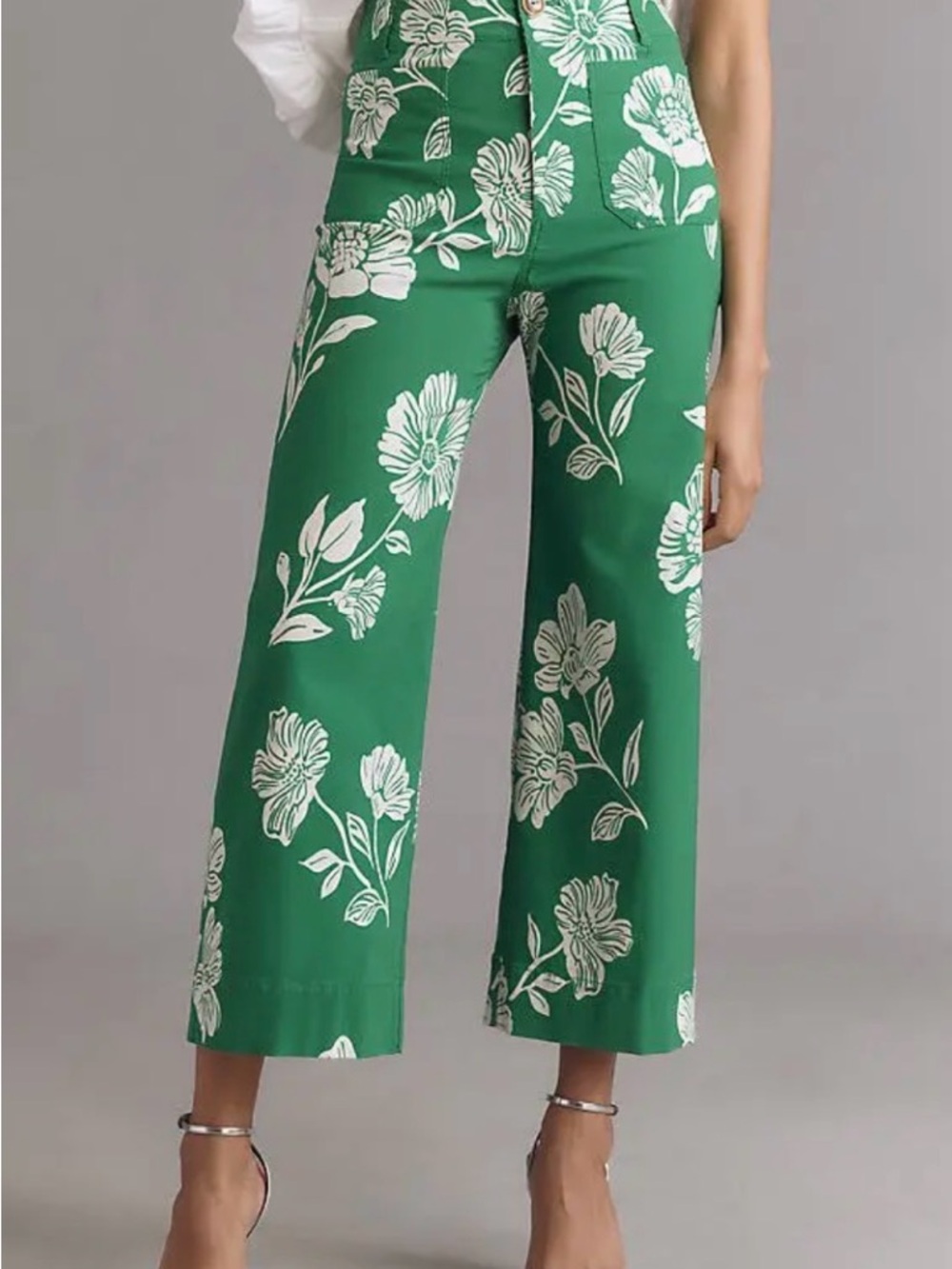 Maeve Emerald Green Floral Wide-Leg Pants with White Print - Picture 2 of 9